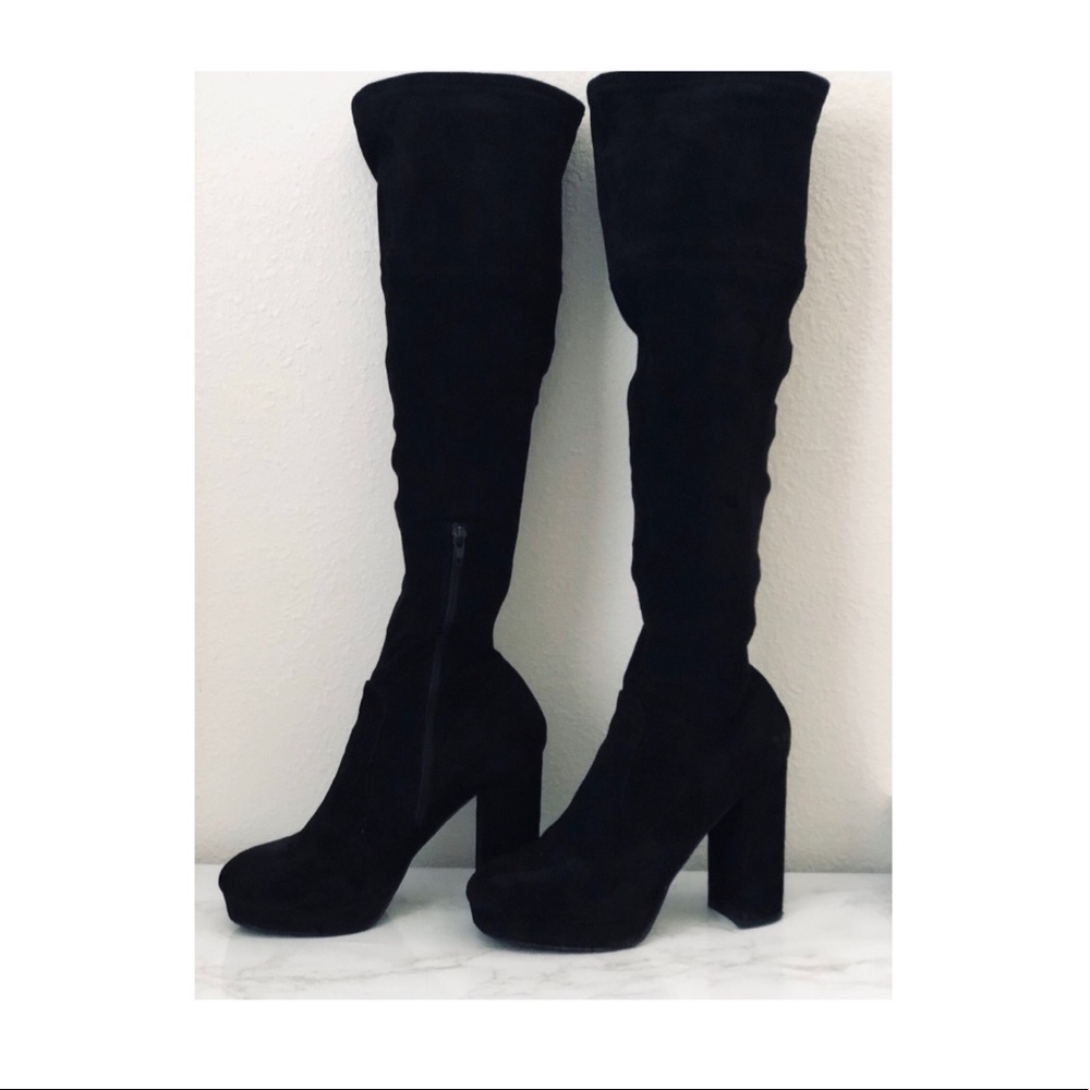 Black Stretchy Thigh High Platform Boots